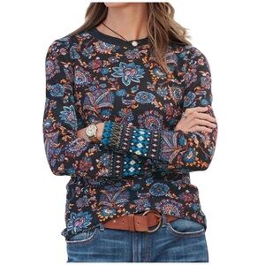 Sundance Perfect Pathways Black Blue Floral Print Thermal Top XL? Waffle Knit